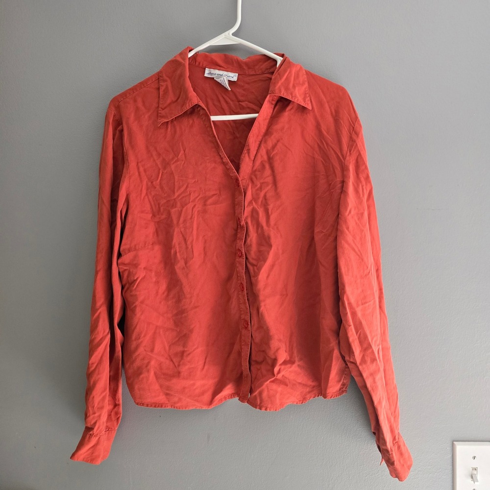 Vtg Anna‎ and Frank 100% Silk Button Down Shirt XL Burnt Orange Long Sleeve Top